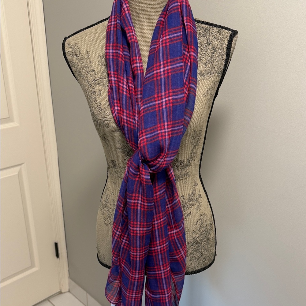 J. Crew Royal Blue / Red Polyester Oversized Checkered Plaid Fashion Scarf NWT